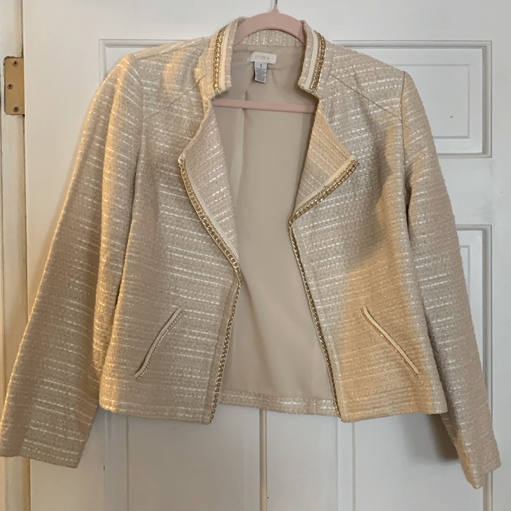 Chicos Ivory and Gold Tweed Chain Link Detail Blazer Size 1